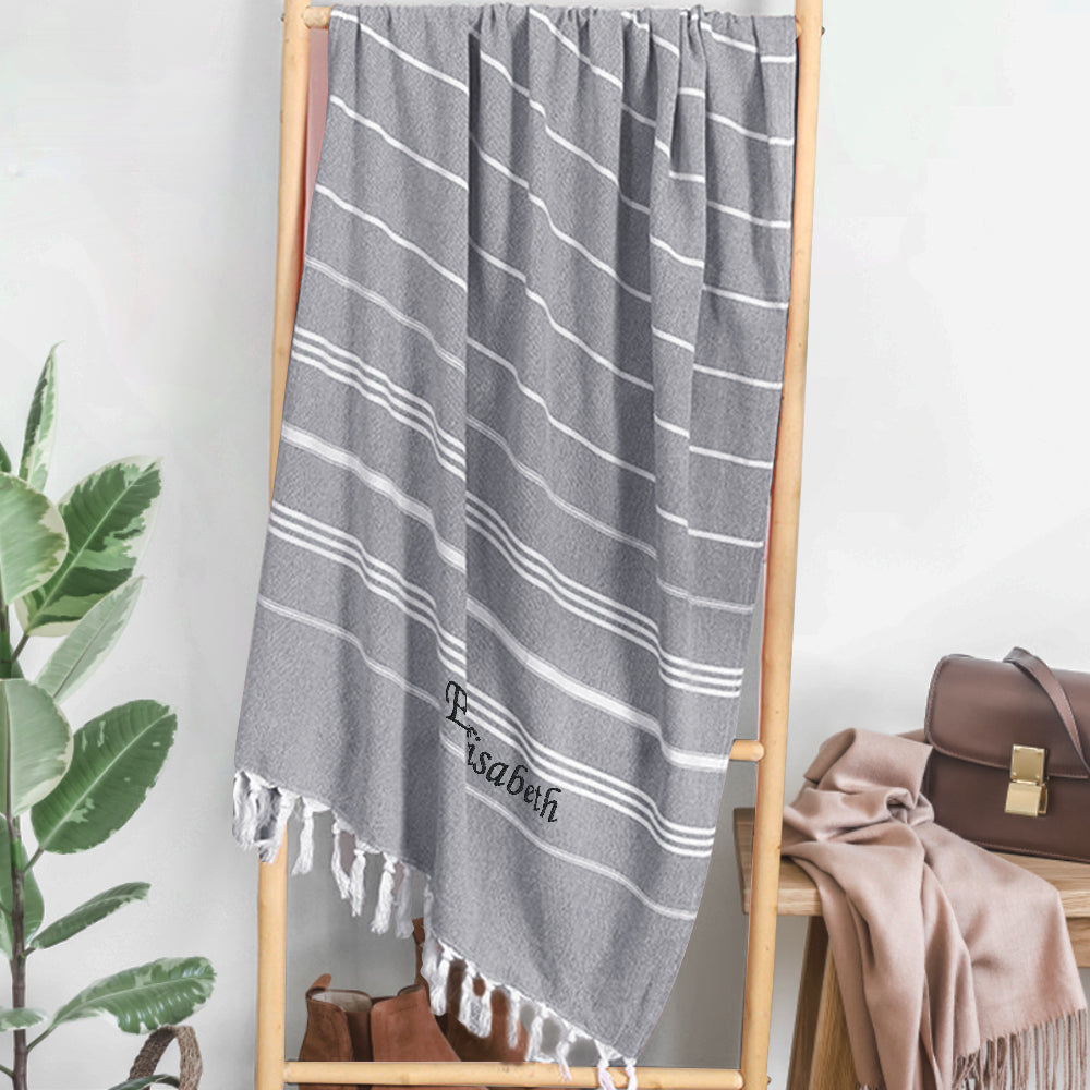 Personalized Name Fringe Beach Towel Grey