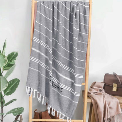 Personalized Name Fringe Beach Towel Grey
