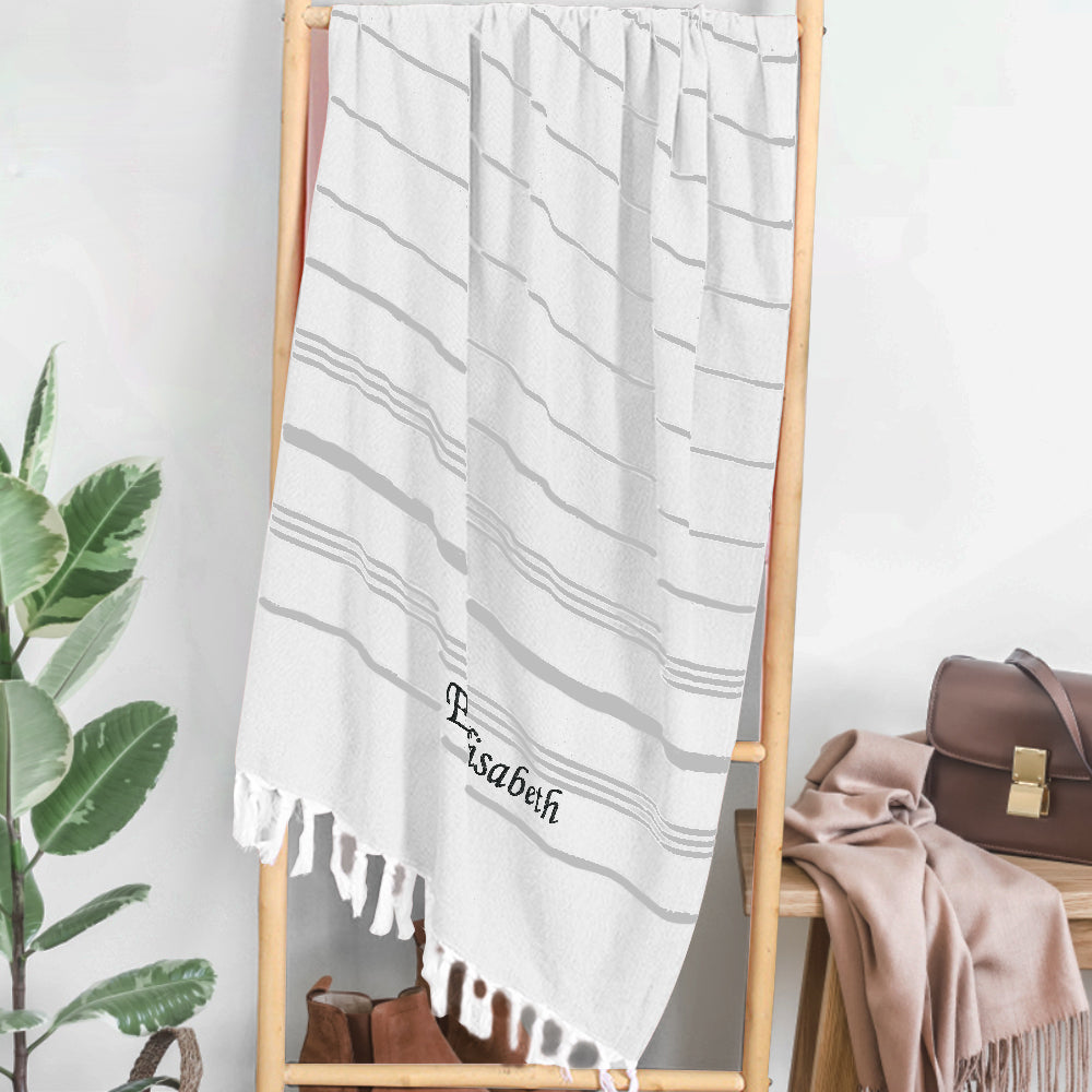 Personalized Name Fringe Beach Towel White