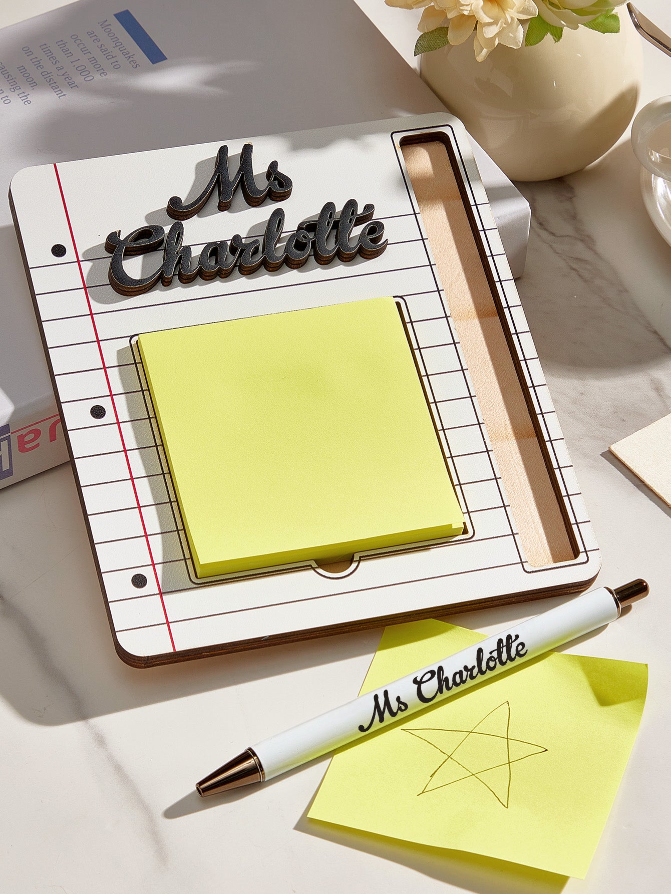 Personalized Notebook Sticky Note Wooden Holder with Pen Appreciation Gift for Teacher