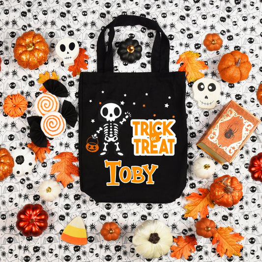 Personalized Trick or Treat Skeleton Halloween Tote Candy Bag