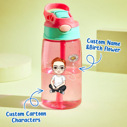 Personalized Cartoon Birth Flower 16oz Water Bottle Gift for Kids or Adults