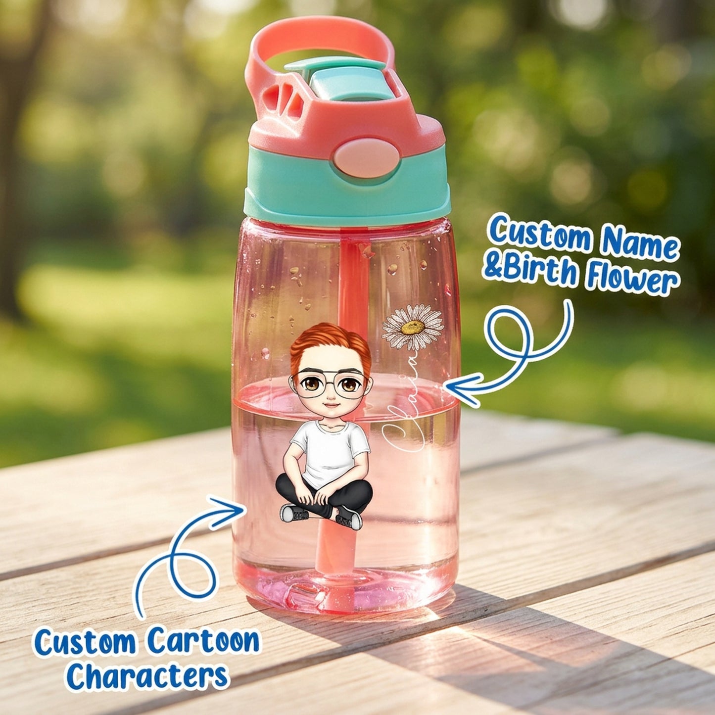 Personalized Cartoon and Birth Flower Water Bottle