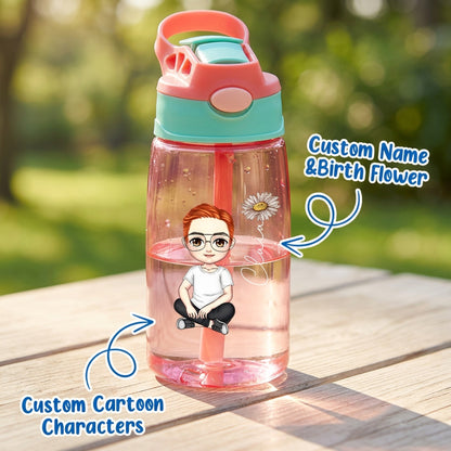Personalized Cartoon and Birth Flower Water Bottle