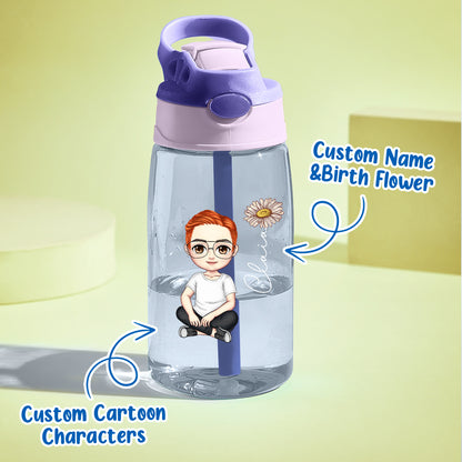 Personalized Cartoon Birth Flower 16oz Water Bottle Gift for Kids or Adults