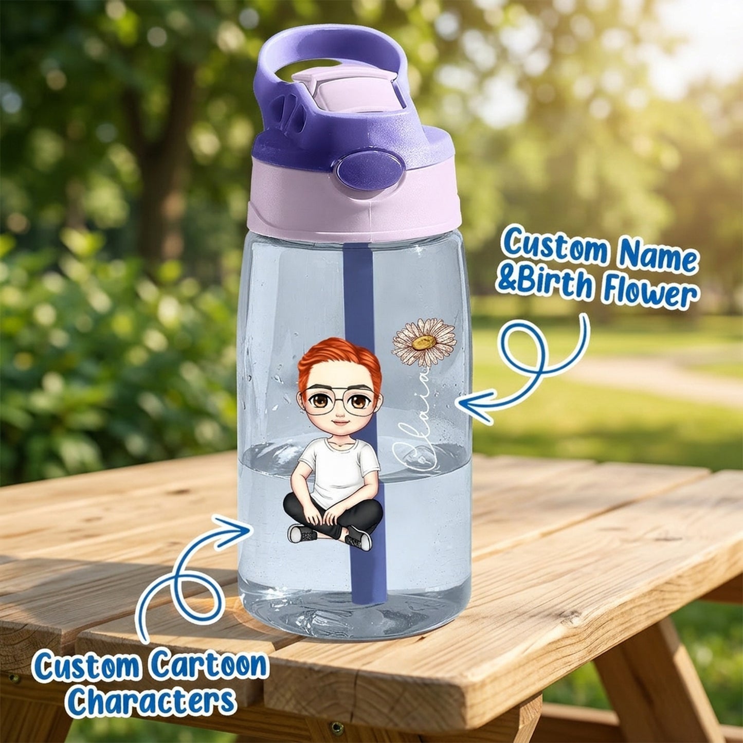 Personalized Cartoon and Birth Flower Water Bottle
