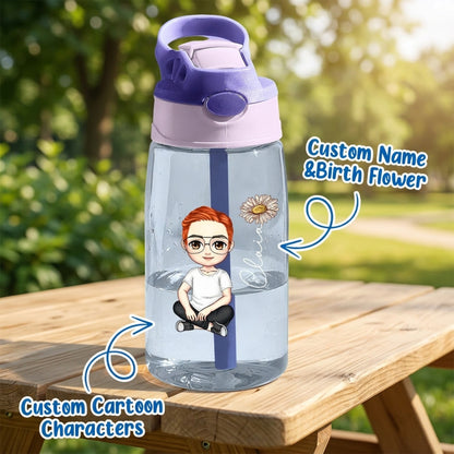 Personalized Cartoon and Birth Flower Water Bottle