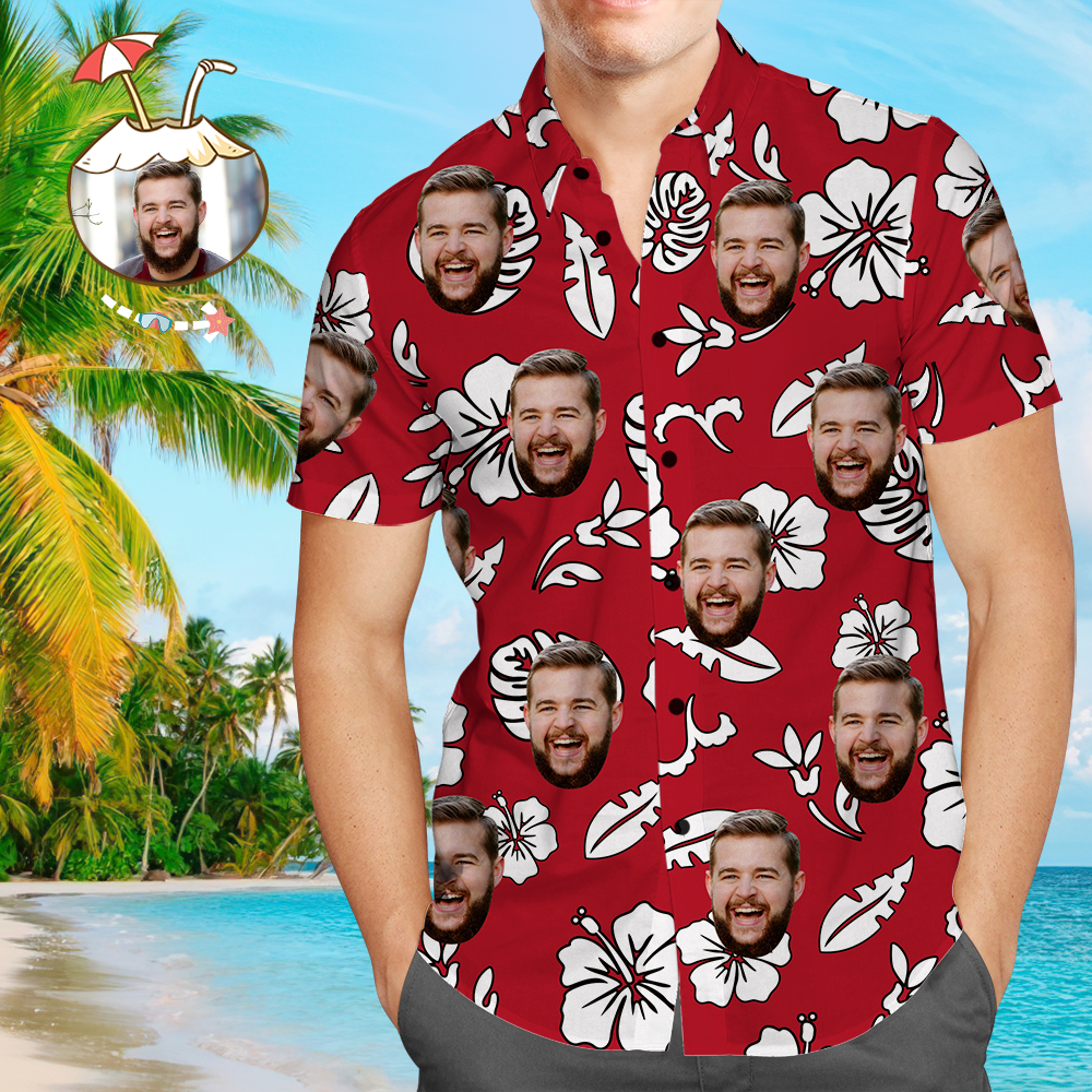 Red Hibiscus Hawaiian Shirt with Personalized Face & Custom Text