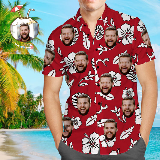 Red Hibiscus Hawaiian Shirt with Personalized Face & Custom Text