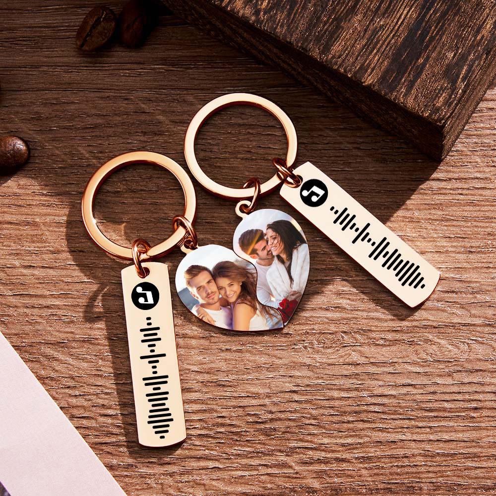 Rose Gold Connecting Heart Song Code & Photo Pair of Keychains