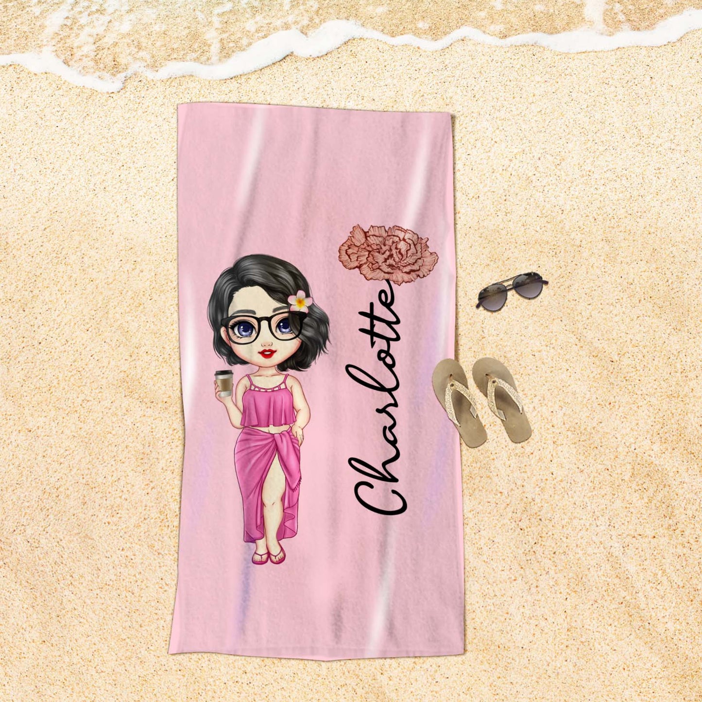 Custom Cartoon with Birth Flower Vacation Beach Towel