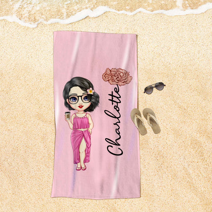 Custom Cartoon with Birth Flower Vacation Beach Towel