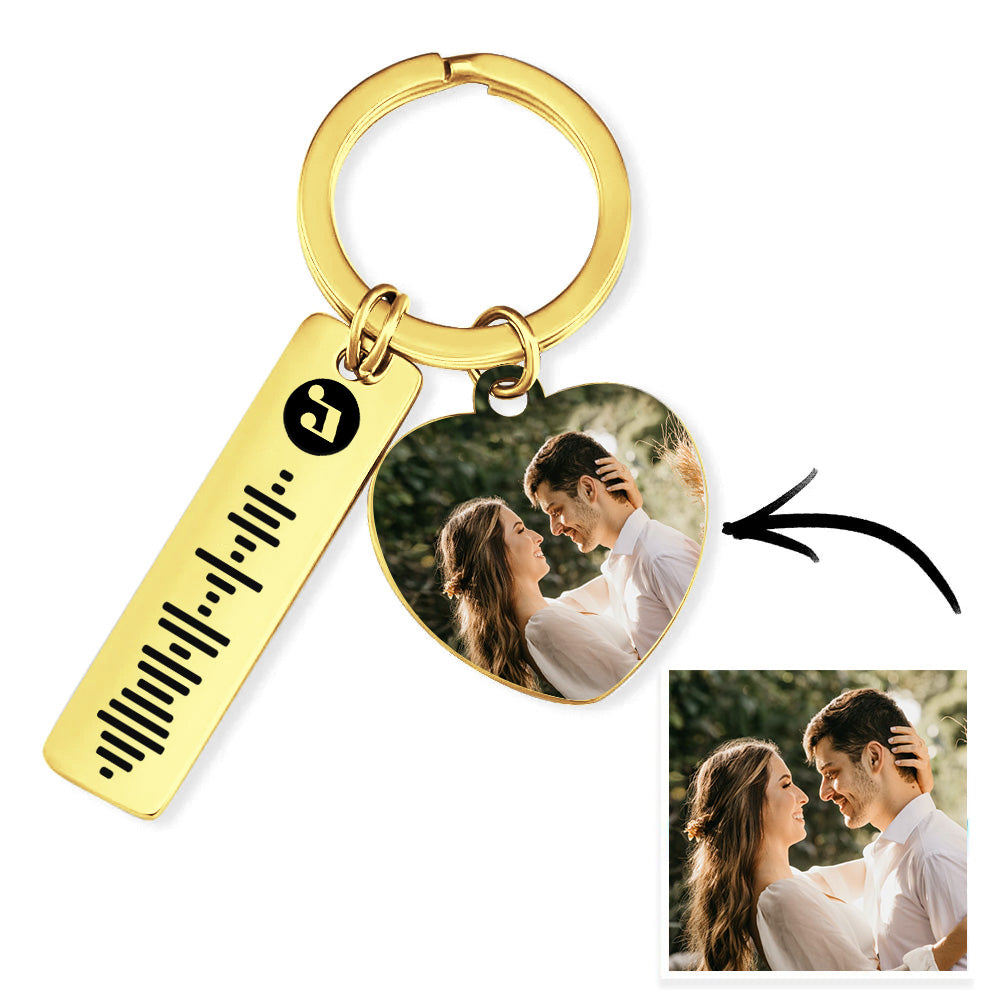 Personalized Photo Heart Charm & Scannable Music Code Keychain