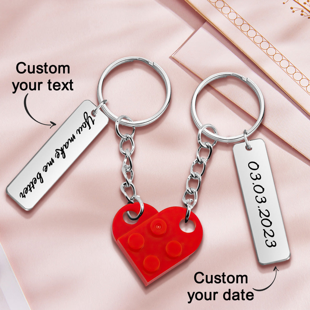 Text & Date Connecting Bricks Heart Keychains