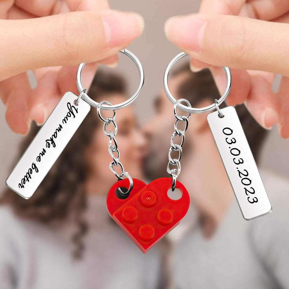 Text & Date Connecting Bricks Heart Keychains