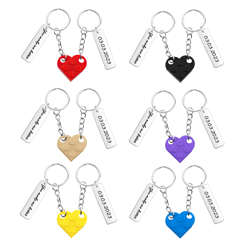 Text & Date Connecting Bricks Heart Keychains