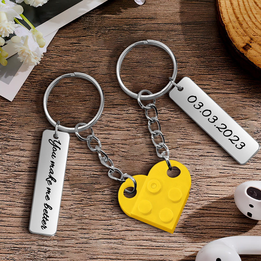 Text & Date Connecting Bricks Heart Keychains