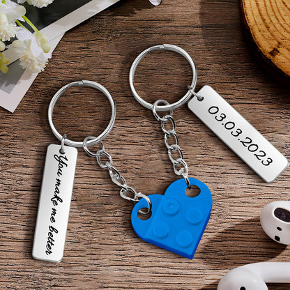 Text & Date Connecting Bricks Heart Keychains