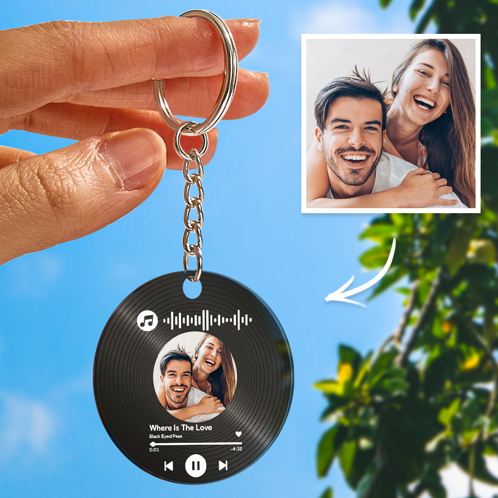 Custom Record Keychain with Photo, Music Song Code & Anniversary Calendar