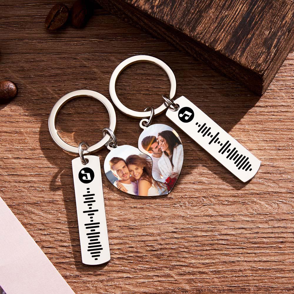 Silver Custom Spotify Music Song Code with  Connecting Heart Personalized Photos Pair of Keychains
