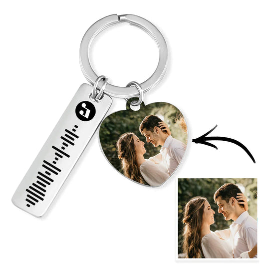 Silver Personalized Photo Heart Charm & Scannable Music Code Keychain