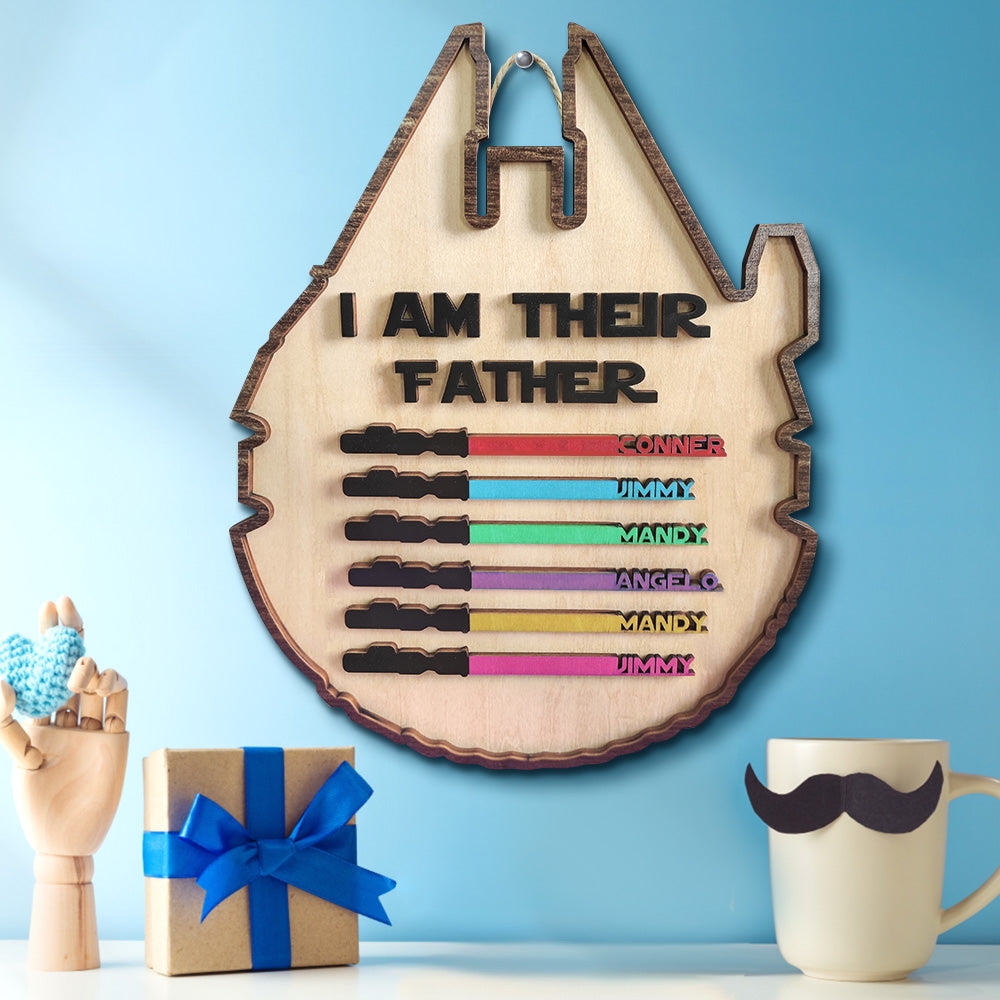 Six Names Custom Spaceship Shaped I Am Their Father With Children's Names Wooden Sign