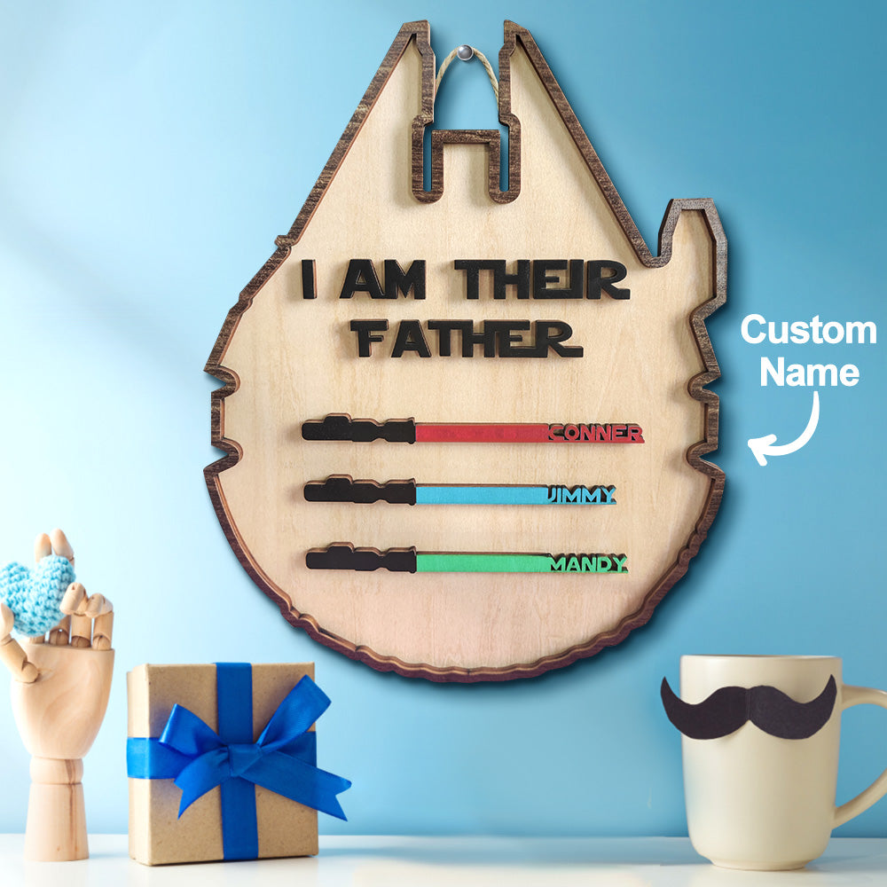 Three Names Custom Spaceship Shaped I Am Their Father With Children's Names Wooden Sign