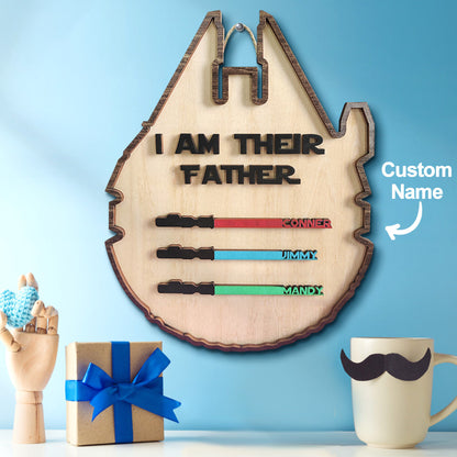 Three Names Custom Spaceship Shaped I Am Their Father With Children's Names Wooden Sign