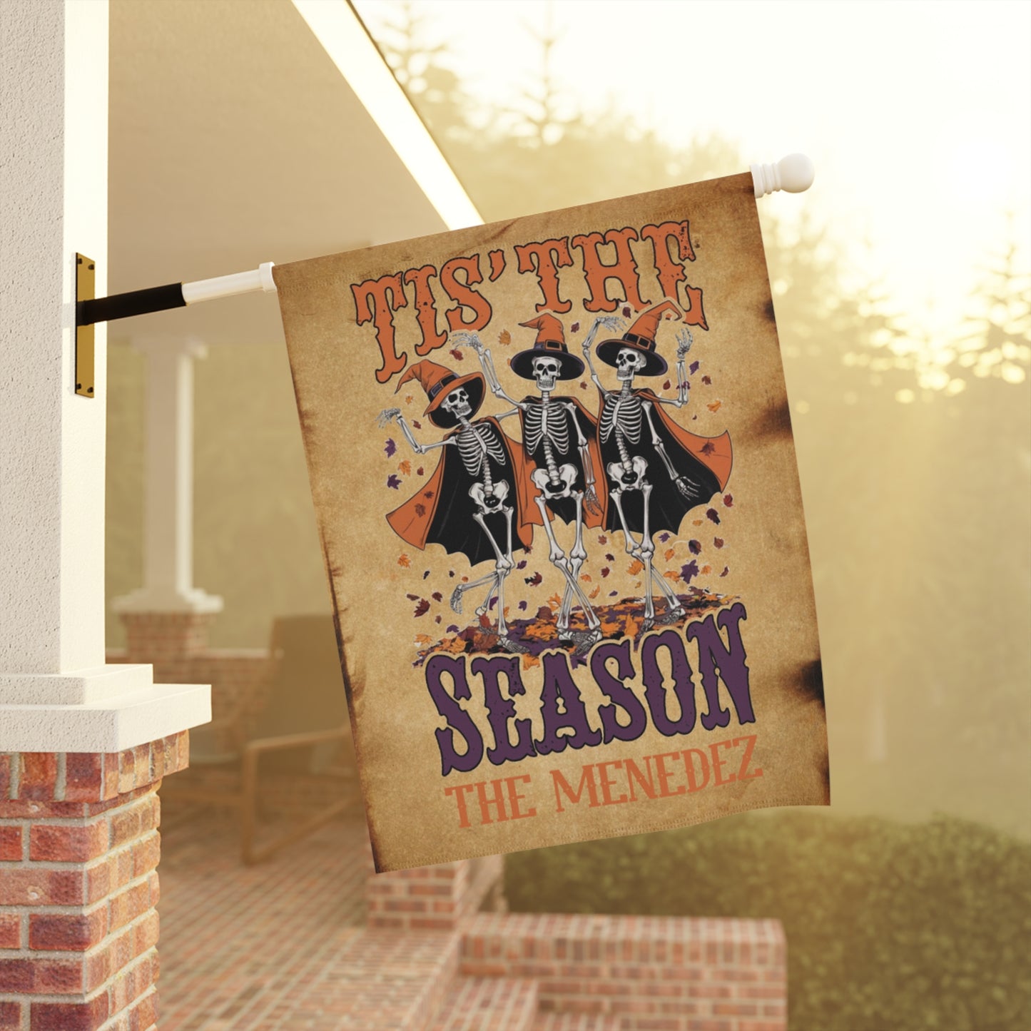 Personalized Tis The Season Dancing Skeleton Halloween Garden Banner or House Flag