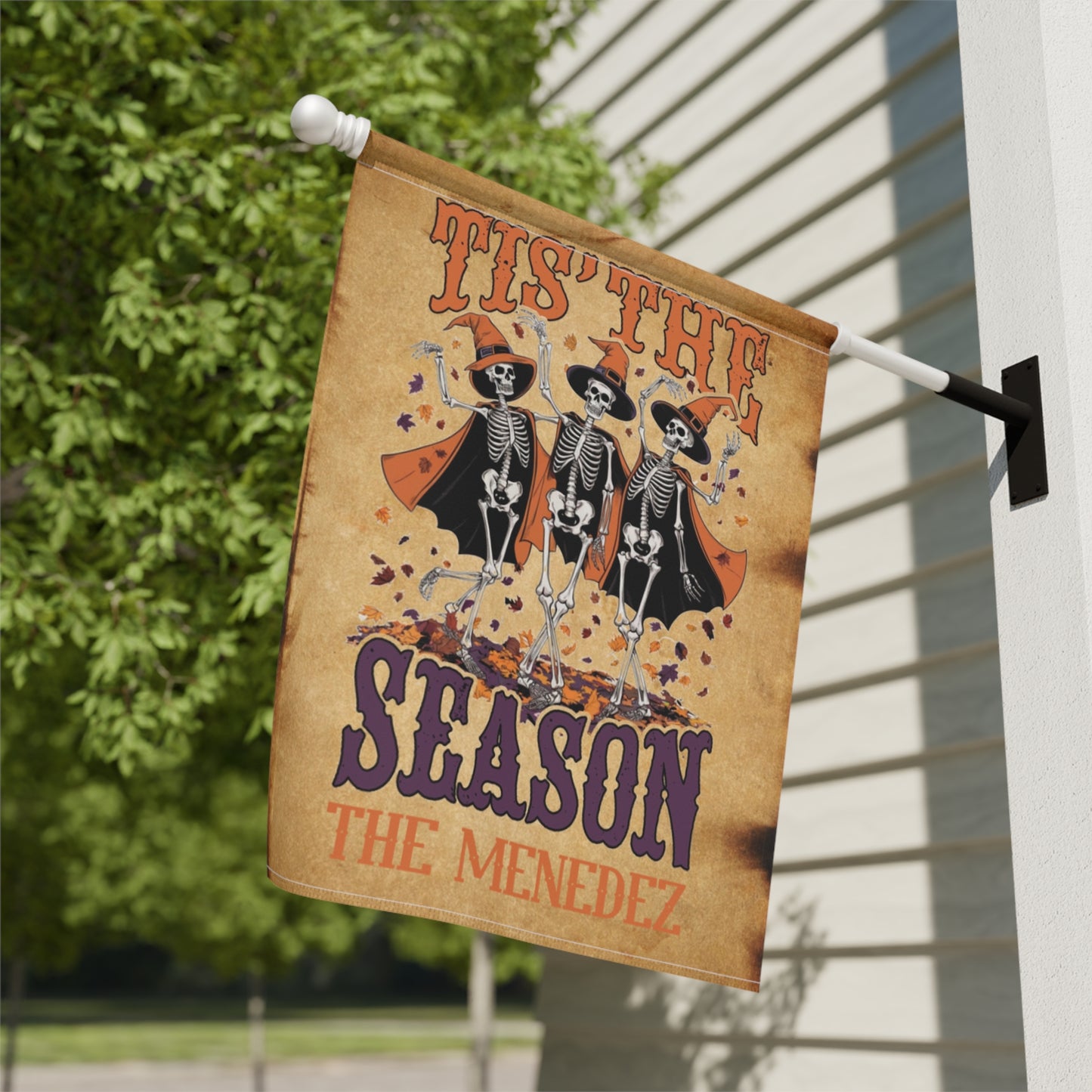 Personalized Tis The Season Dancing Skeleton Halloween Garden Banner or House Flag