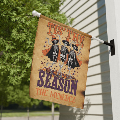 Personalized Tis The Season Dancing Skeleton Halloween Garden Banner or House Flag