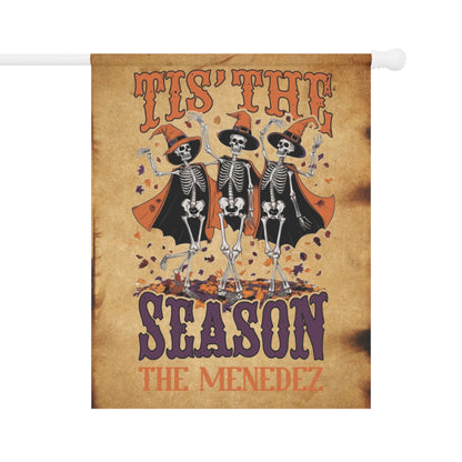 Personalized Tis The Season Dancing Skeleton Halloween Garden Banner or House Flag