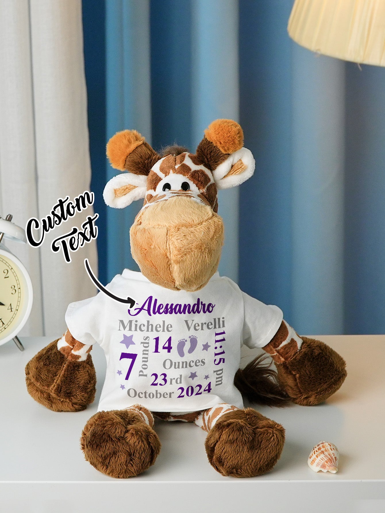 Personalized Animal Plush Stuffed Toy with Birth Announcement, Photo, Name or Custom Text