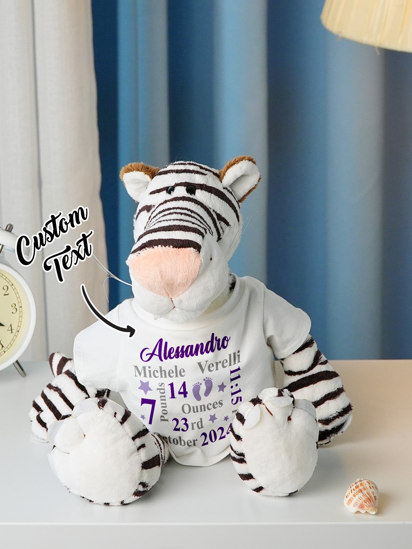 Personalized Animal Plush Stuffed Toy with Birth Announcement, Photo, Name or Custom Text