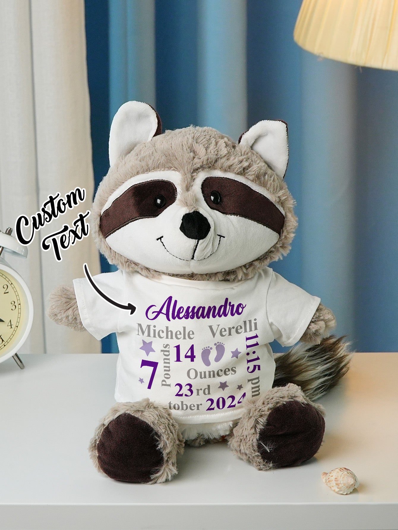 Personalized Animal Plush Stuffed Toy with Birth Announcement, Photo, Name or Custom Text