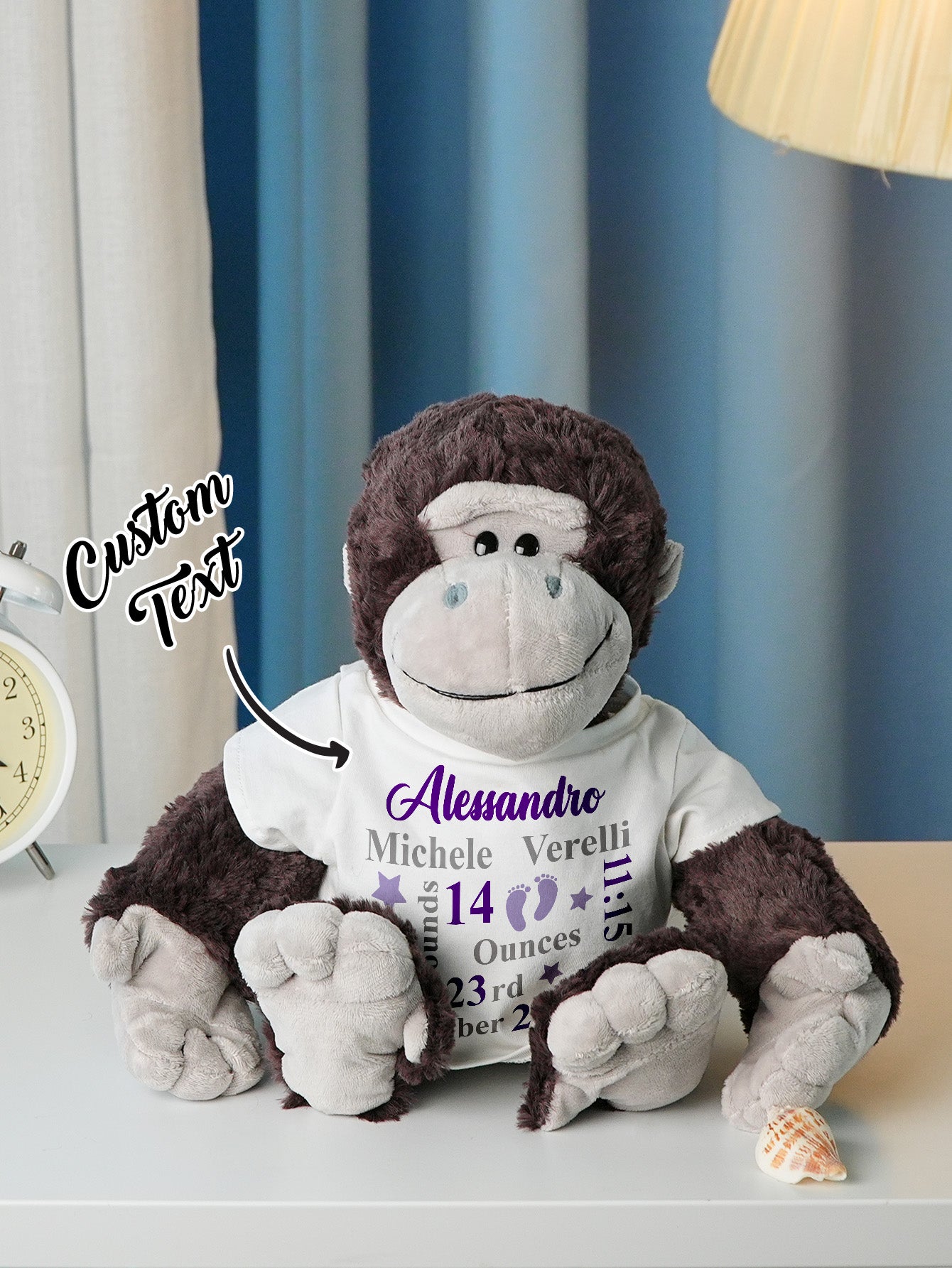 Personalized Animal Plush Stuffed Toy with Birth Announcement, Photo, Name or Custom Text