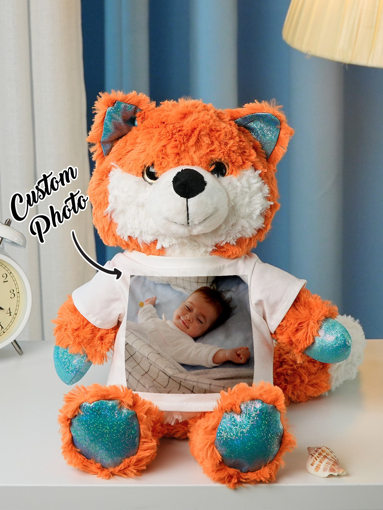 Personalized Animal Plush Stuffed Toy with Birth Announcement, Photo, Name or Custom Text