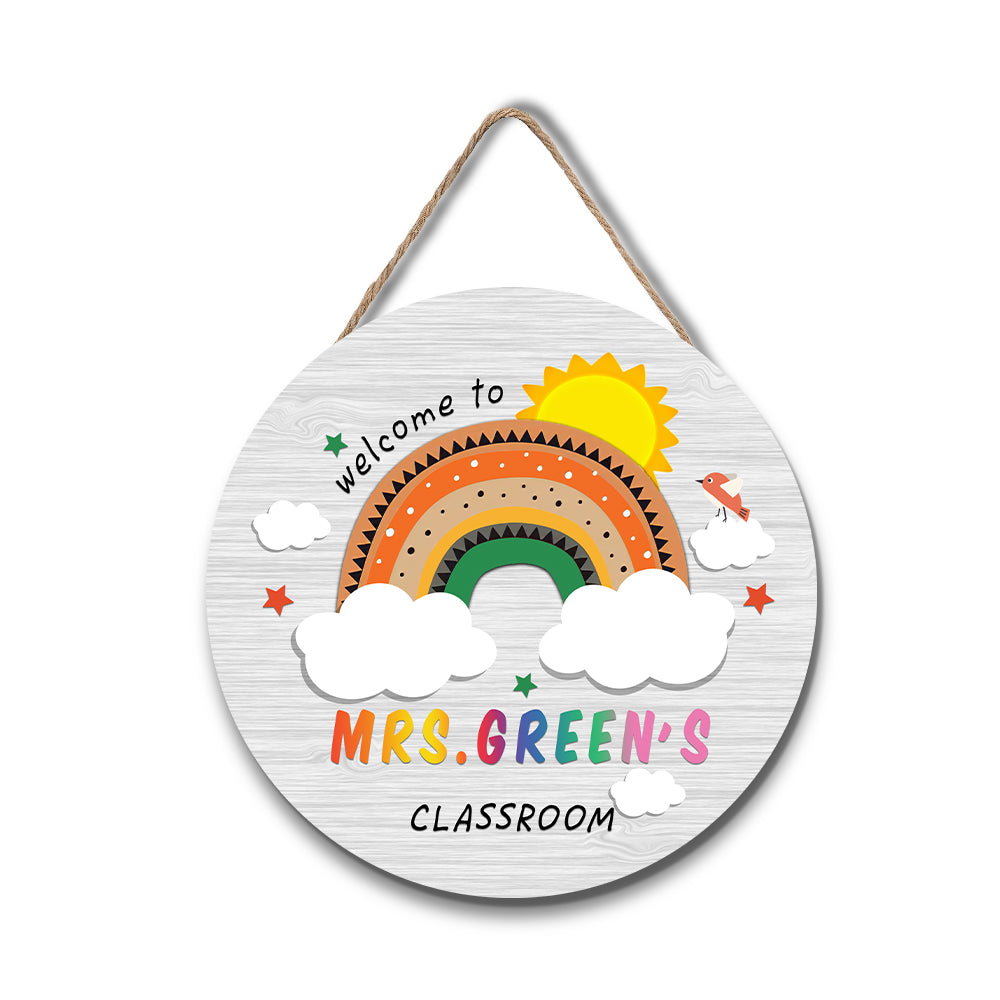 White Background and Personalized Teacher's Rainbow Wooden Door Sign