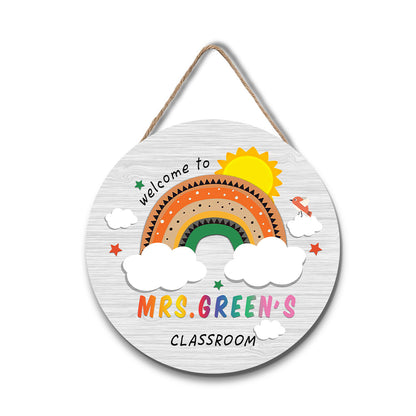 White Background and Personalized Teacher's Rainbow Wooden Door Sign