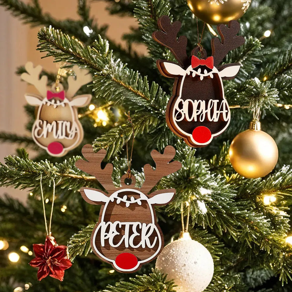 Wooden Reindeer Ornament Personalized with Name Different Colors
