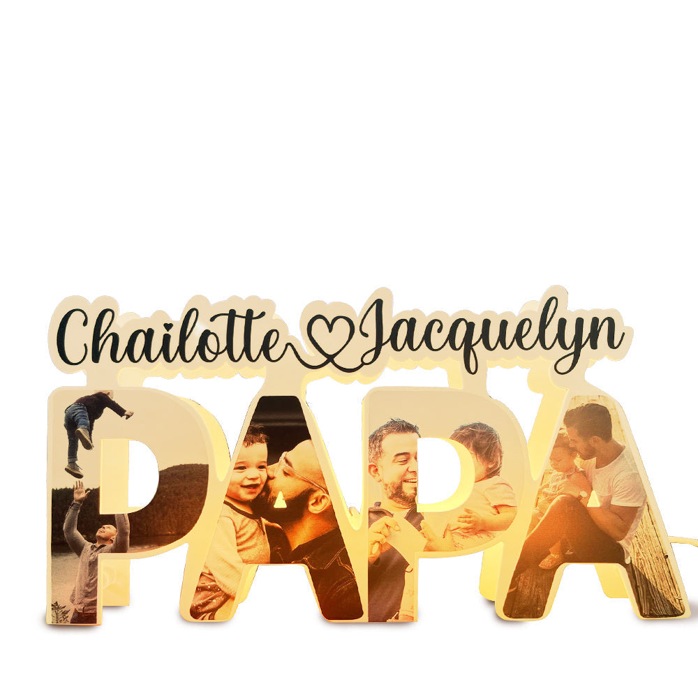Custom PAPA Acrylic Photo Light with Personalized Family Name and Photos, Gift for Dad or Father's Day