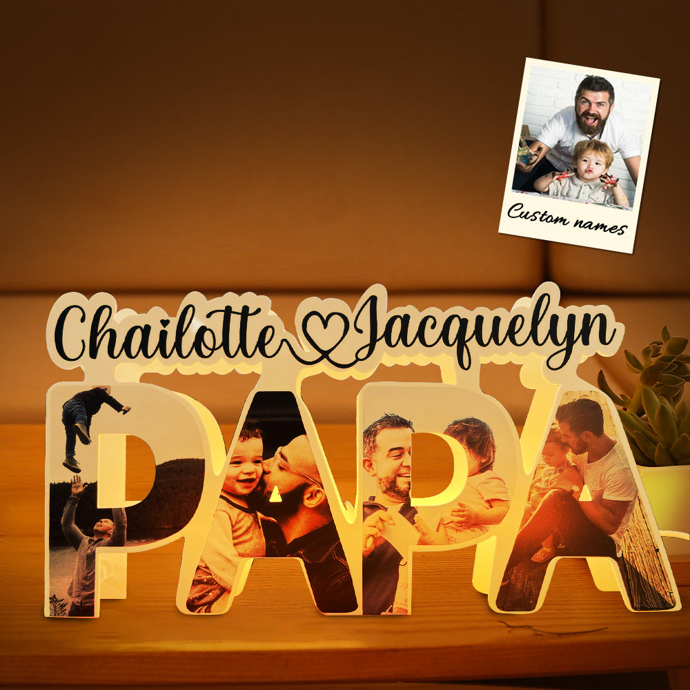 Custom PAPA Acrylic Photo Light with Personalized Family Name and Photos, Gift for Dad or Father's Day