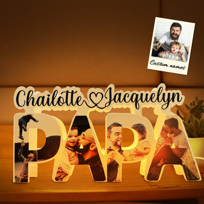 Custom PAPA Acrylic Photo Light with Personalized Family Name and Photos, Gift for Dad or Father's Day