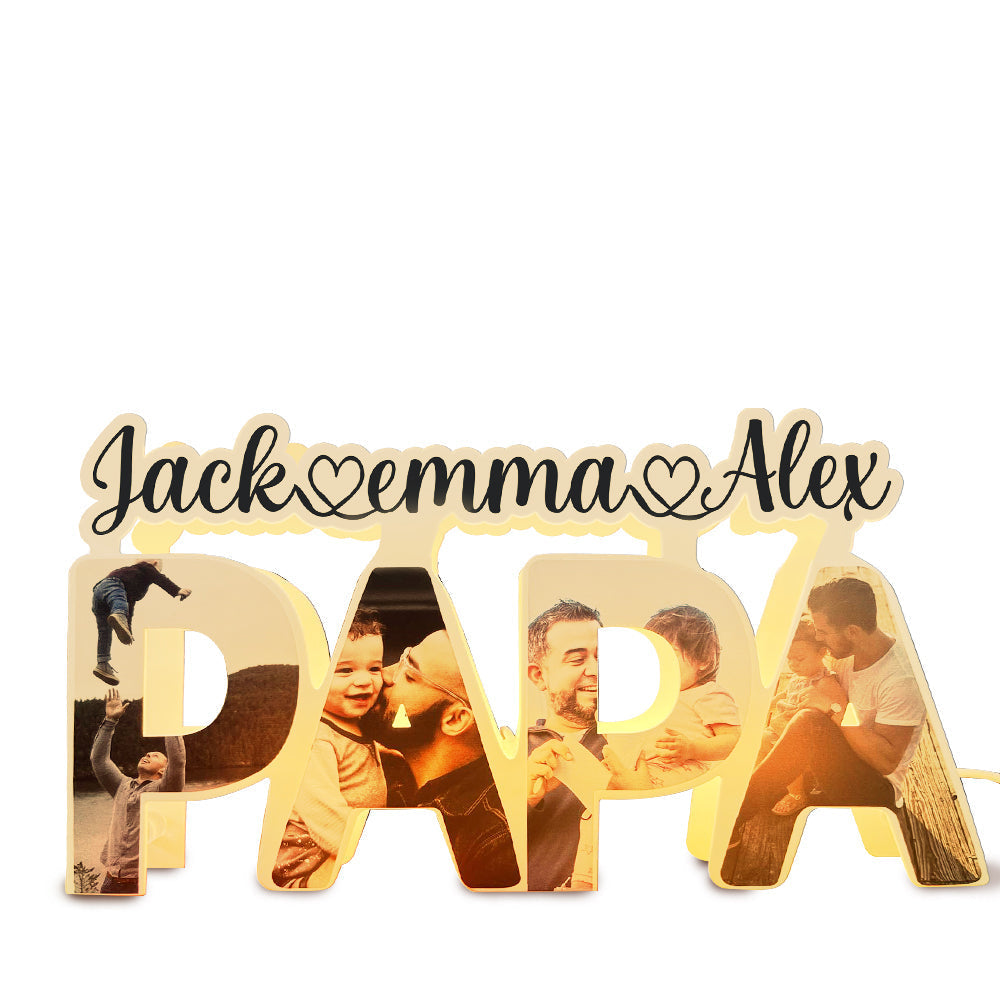 Custom PAPA Acrylic Photo Light with Personalized Family Name and Photos, Gift for Dad or Father's Day