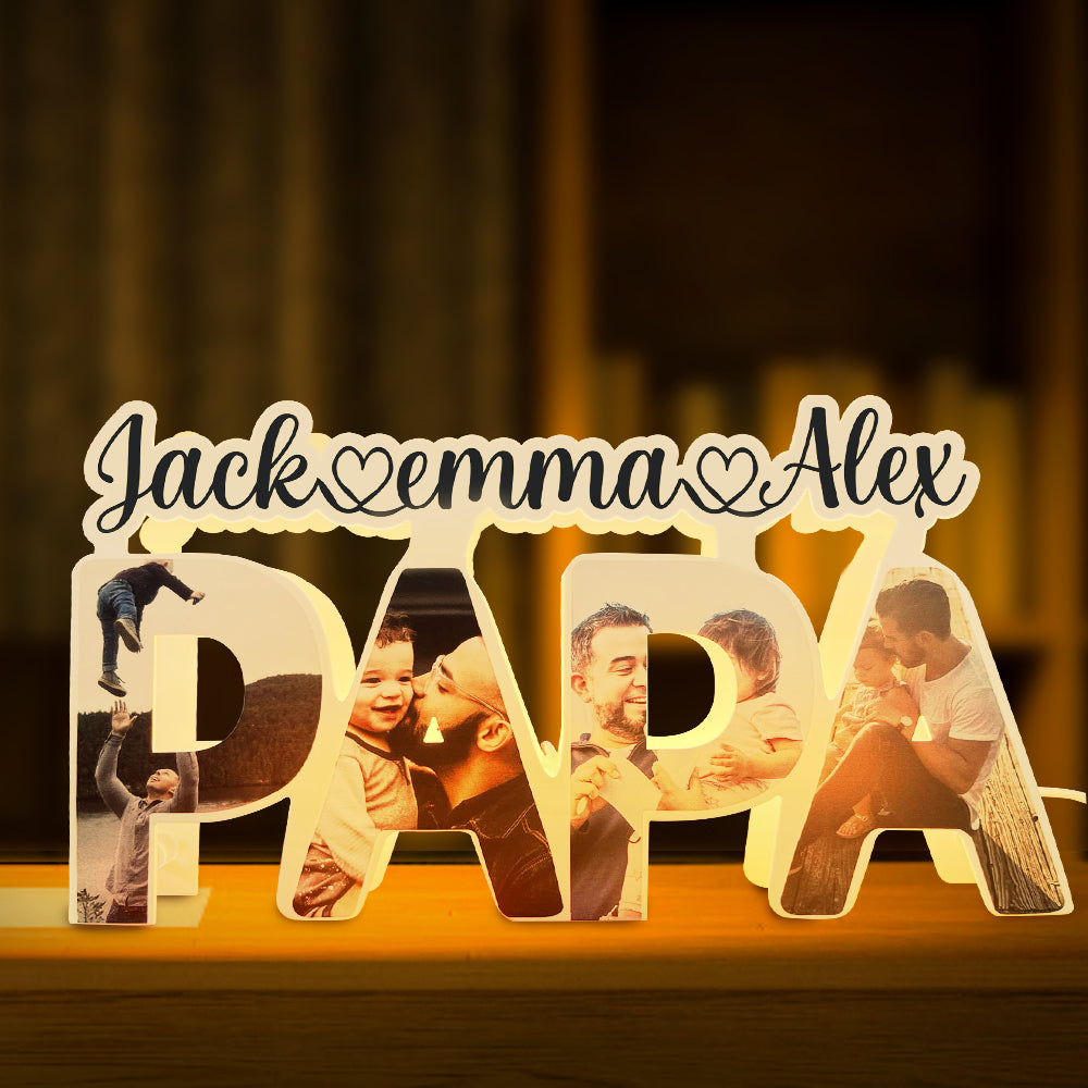 Custom PAPA Acrylic Photo Light with Personalized Family Name and Photos, Gift for Dad or Father's Day