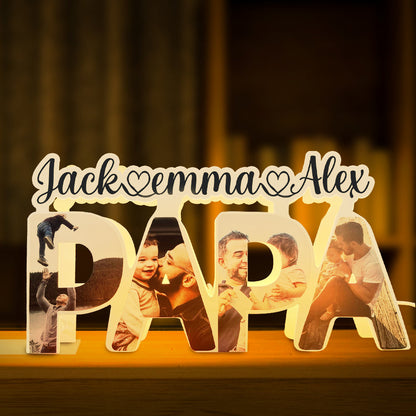 Custom PAPA Acrylic Photo Light with Personalized Family Name and Photos, Gift for Dad or Father's Day