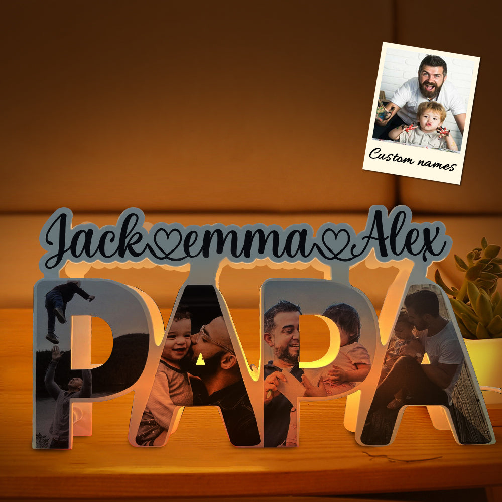 Custom PAPA Acrylic Photo Light with Personalized Family Name and Photos, Gift for Dad or Father's Day