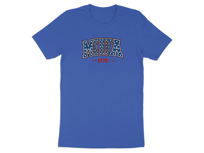 Blue t-shirt with "MERICA" in red, white, and blue stars and stripes design.