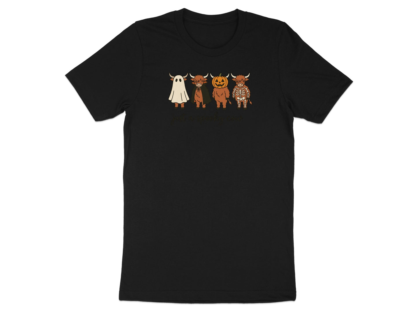 Four Highland cows in Halloween costumes: ghost, vampire, pumpkin, and skeleton, with text.