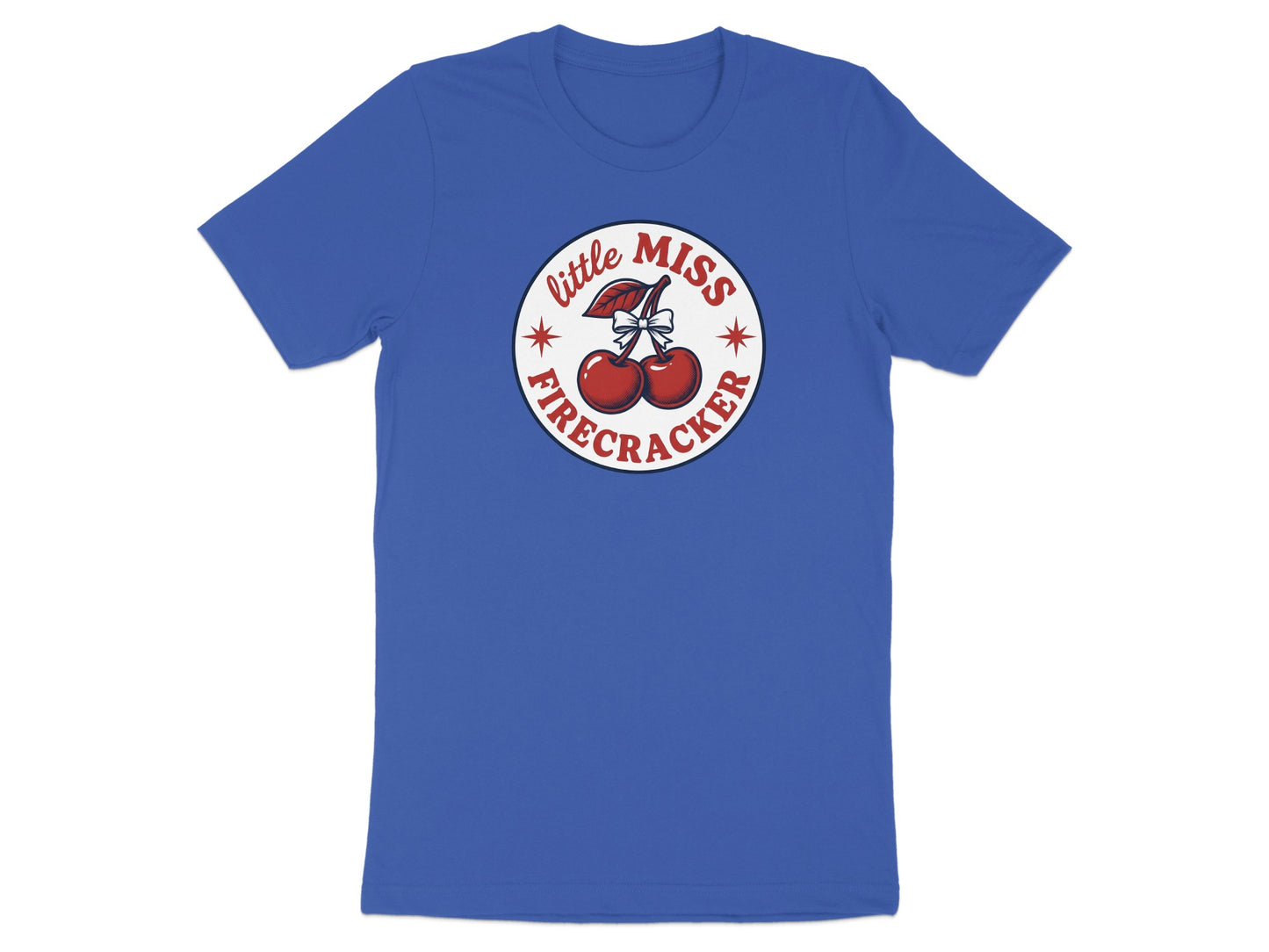 Blue t-shirt with "little miss firecracker" text and cherry graphic.